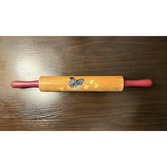 VINTAGE WOODEN PAINTED ROLLING PIN WITH CHICKENS, FARMHOUSE THEME - Picture 2 of 6